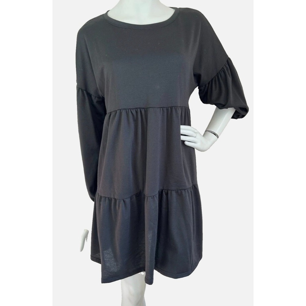 Kenedik Tiered Dress Size Large Black Knit Long Sleeve Short Soft Stretch NWT - Picture 2 of 8